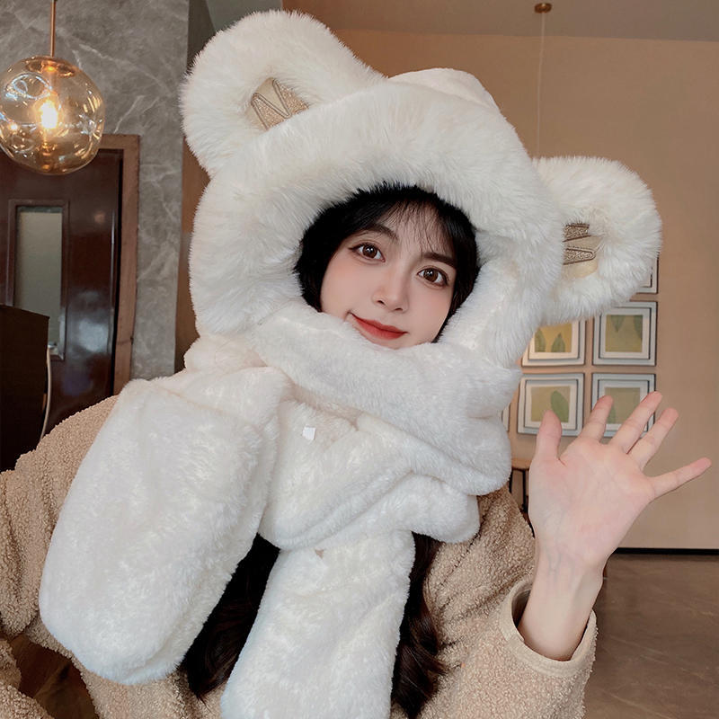 women's autumn and winter cute plush bonnet thick warm scarf gloves three-piece set