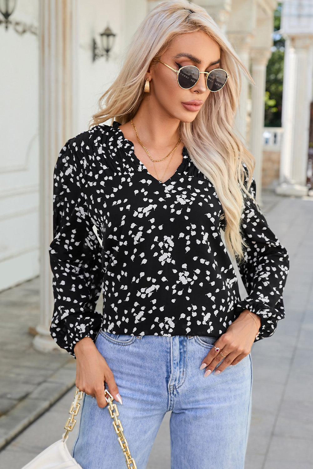 double take printed notched neck smocked blouse