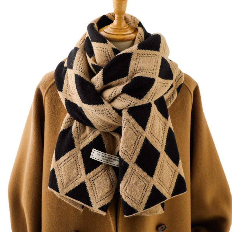 knitted wool small scarf women camel rhombus thickened warm