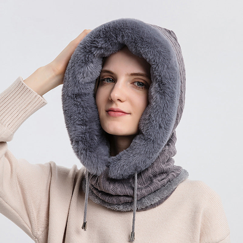 winter thick plush hat with scarf windproof warm knit hats hooded for women