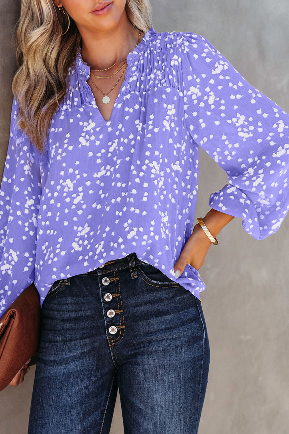 double take printed notched neck smocked blouse