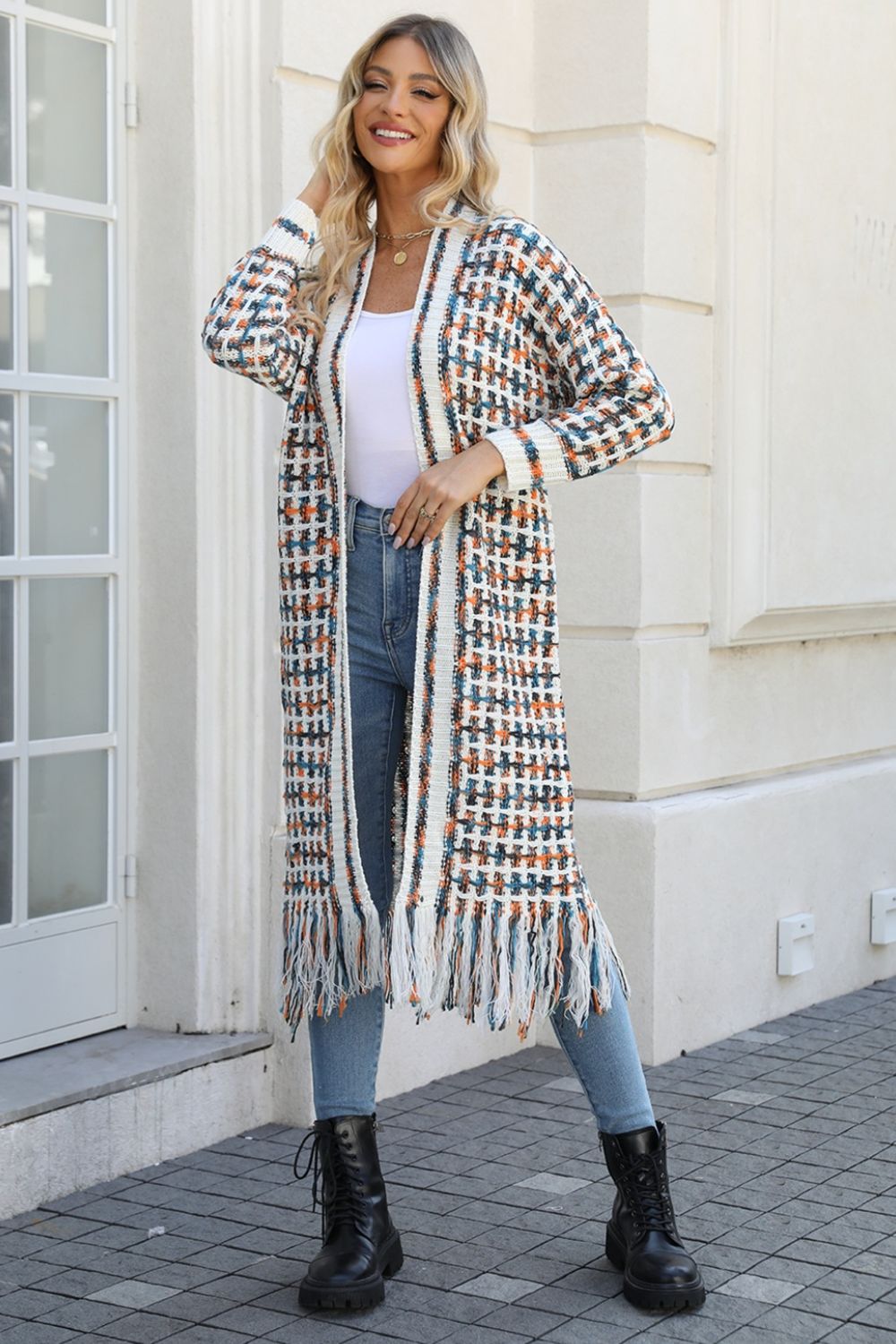 multicolored open front fringe hem cardigan