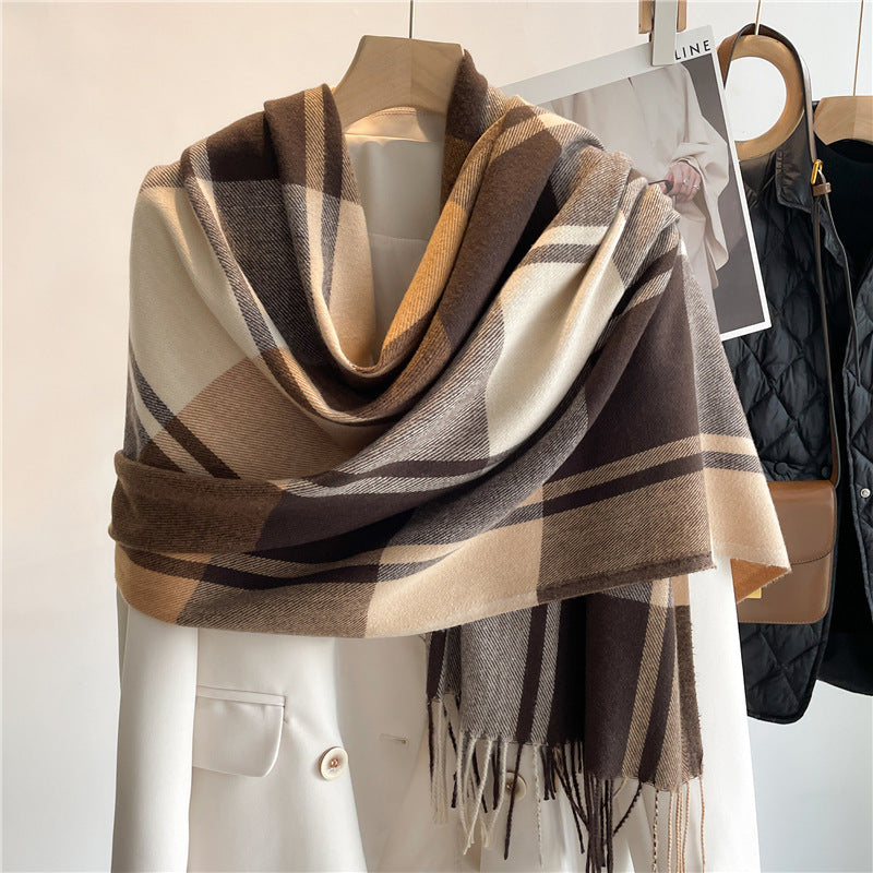 korean style plaid scarf women's autumn and winter warm shawl men's scarf tassel wild couple scarf