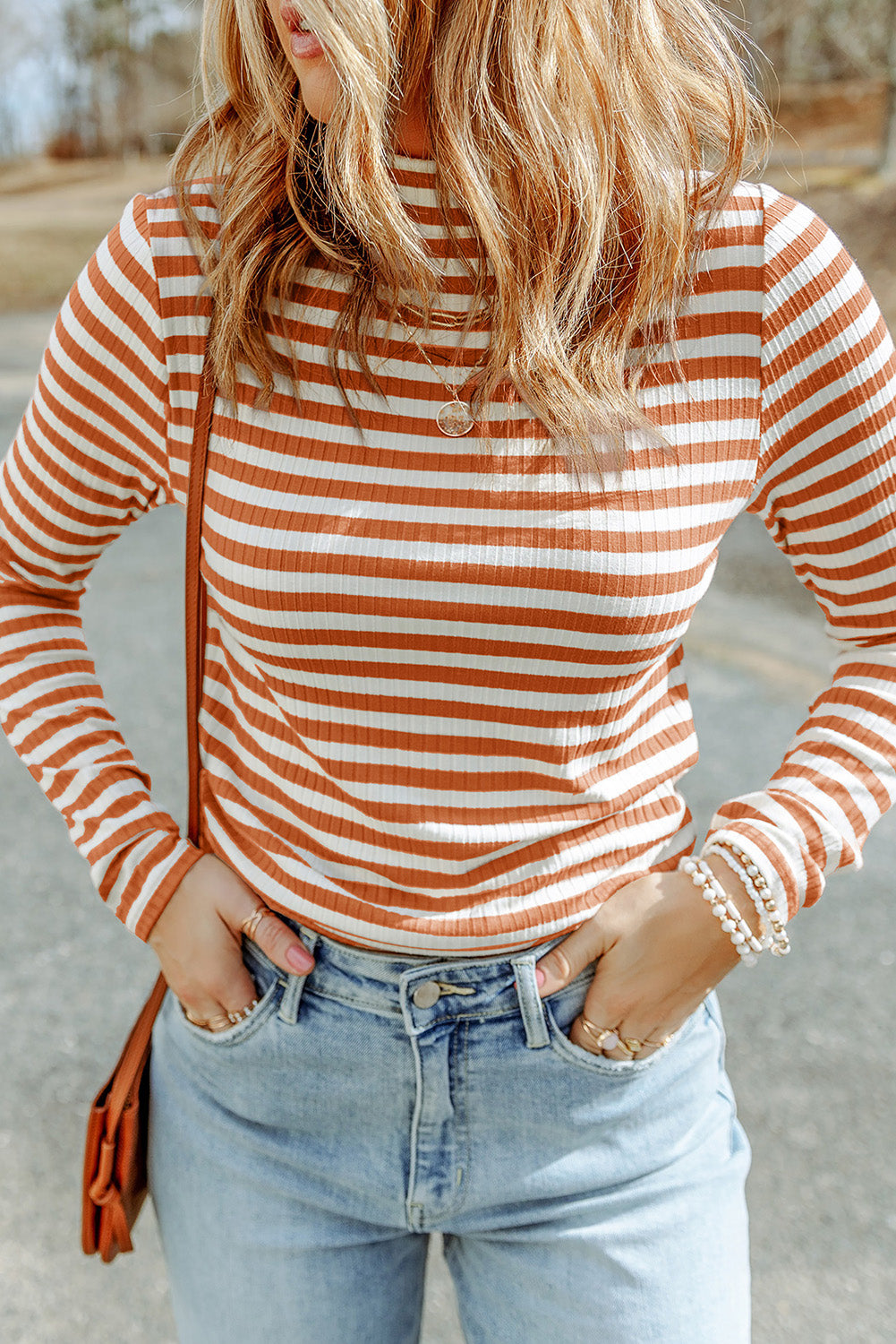 double take striped mock neck long sleeve top
