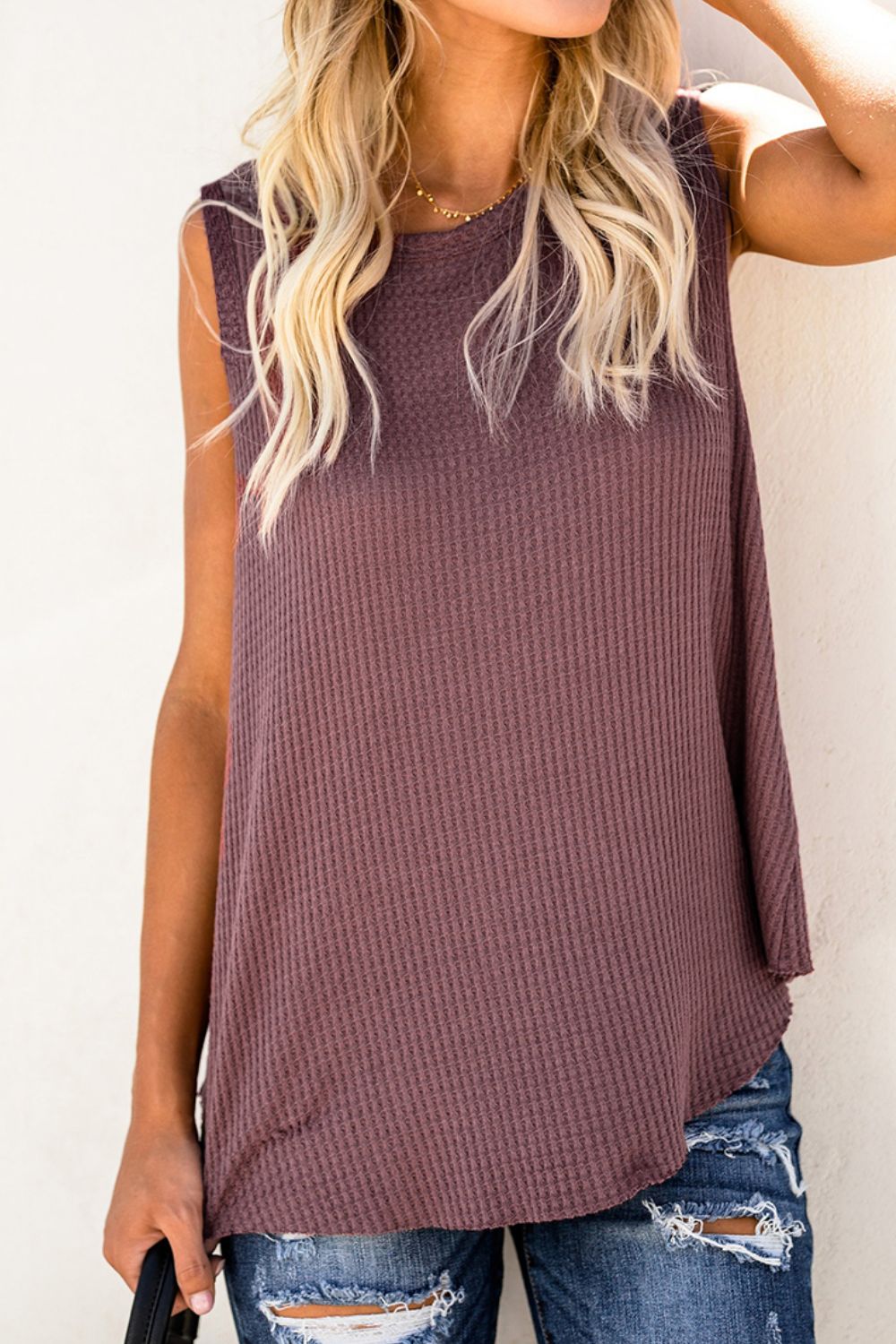 waffle knit round neck tank