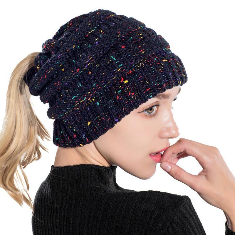 knitted ponytail hat, women's wool hat fashion