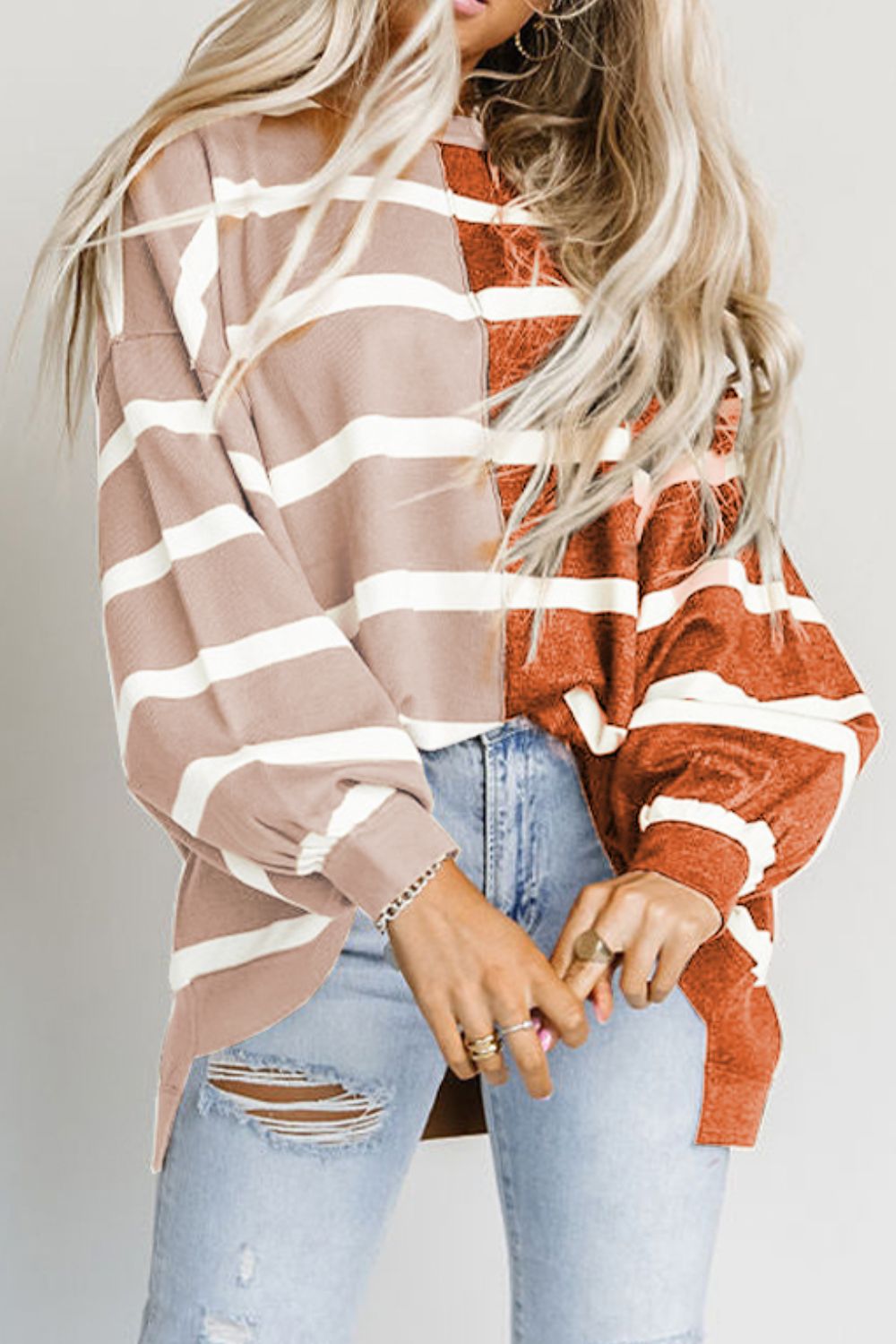 striped dropped shoulder round neck blouse