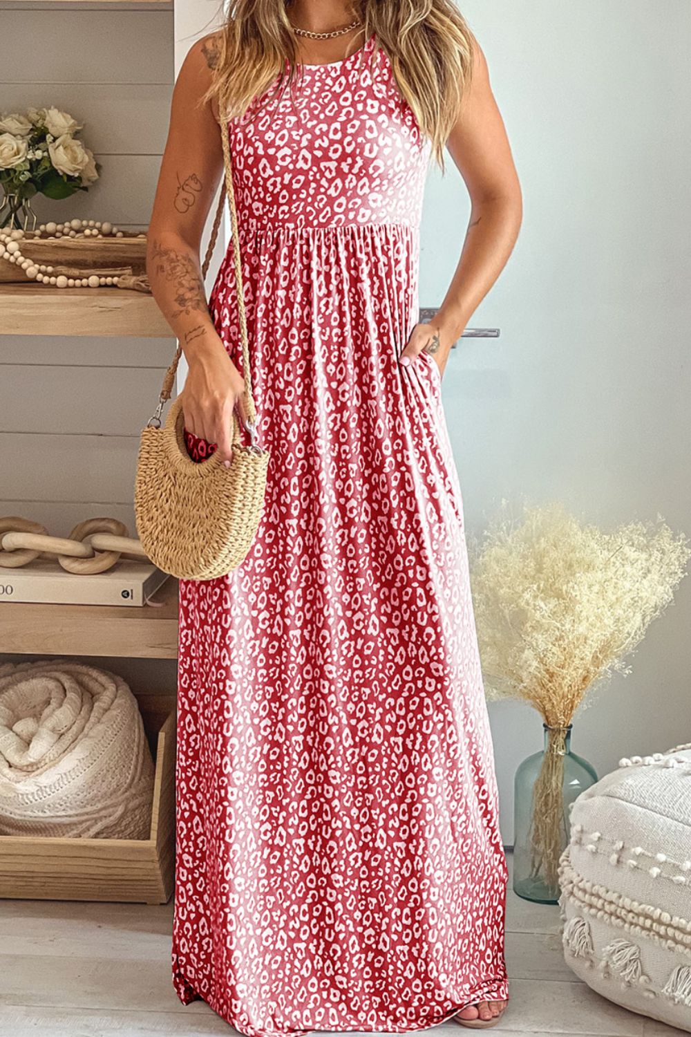 leopard round neck sleeveless maxi dress