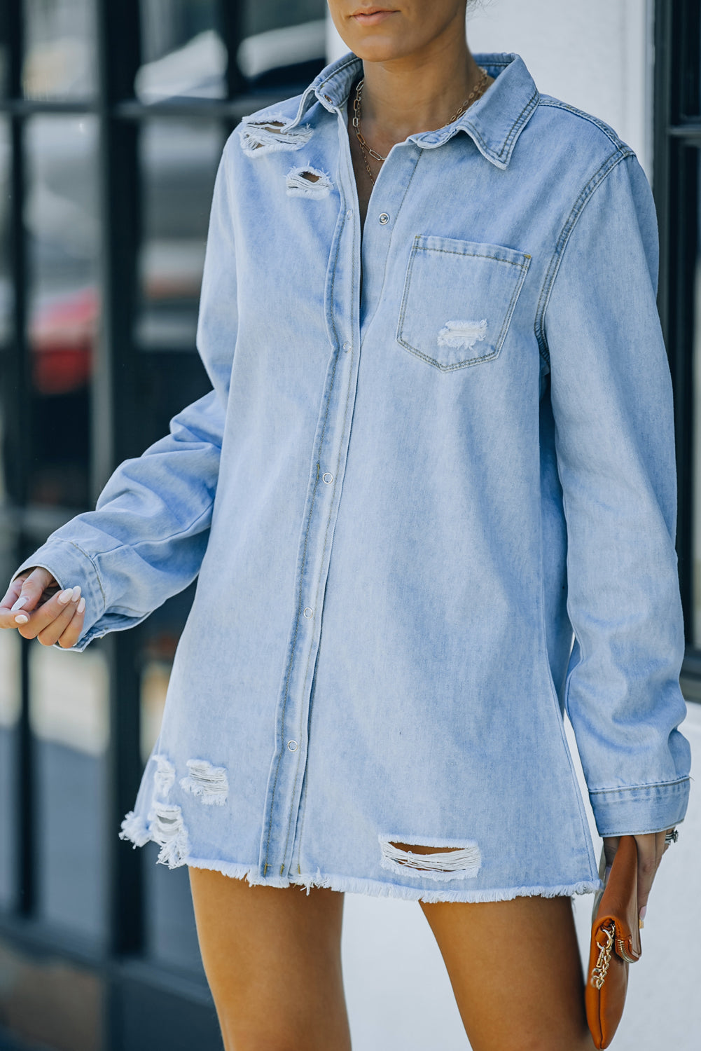 distressed snap down denim jacket