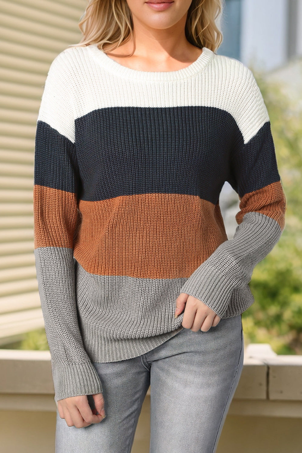 color block round neck sweater