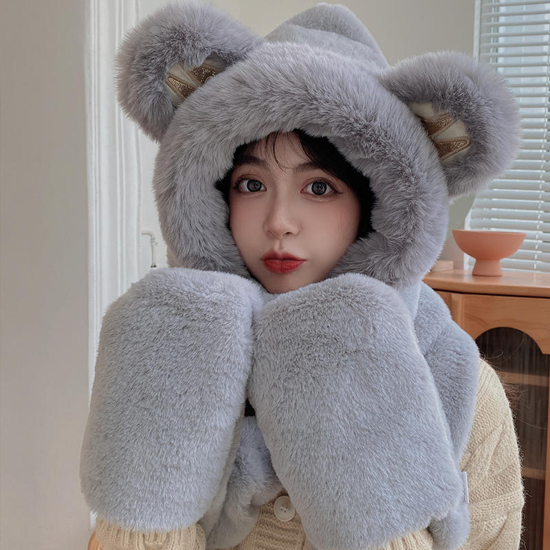 women's autumn and winter cute plush bonnet thick warm scarf gloves three-piece set