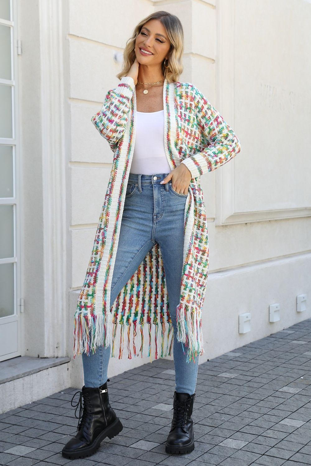 multicolored open front fringe hem cardigan