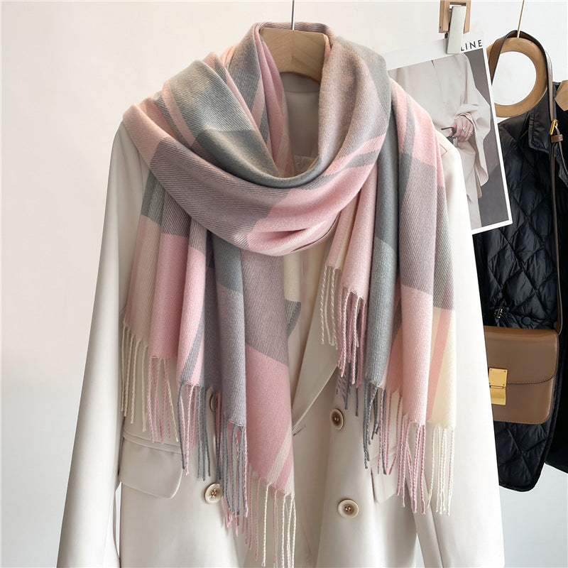 korean style plaid scarf women's autumn and winter warm shawl men's scarf tassel wild couple scarf