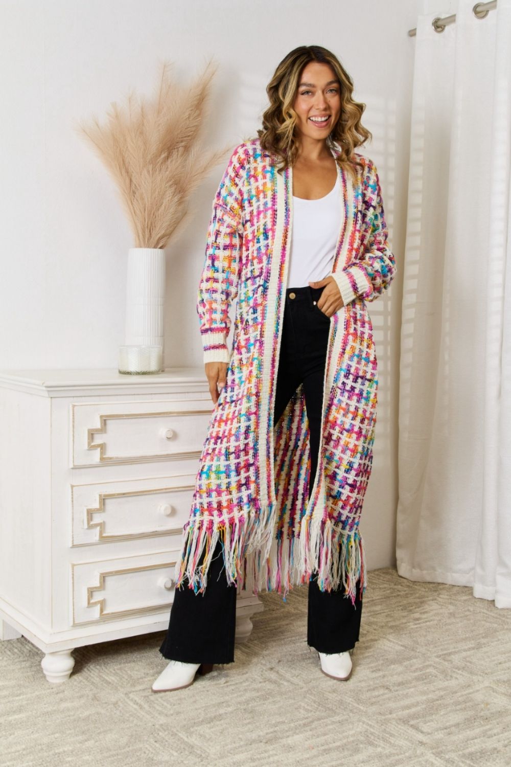 multicolored open front fringe hem cardigan