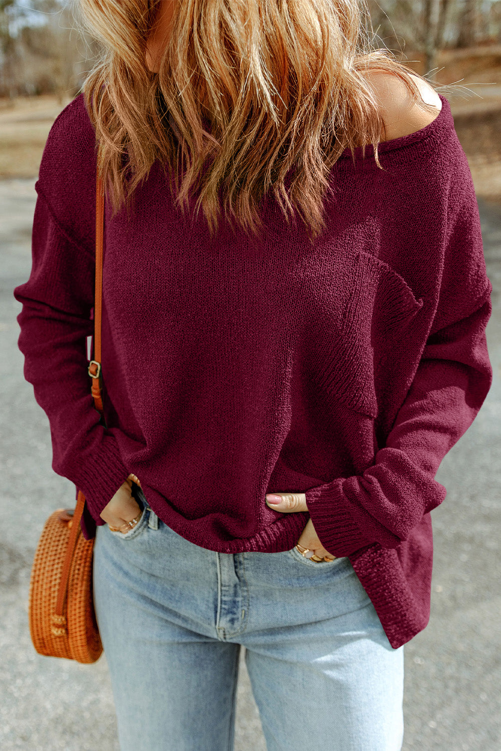 dropped shoulder boat neck sweater pullover with pocket