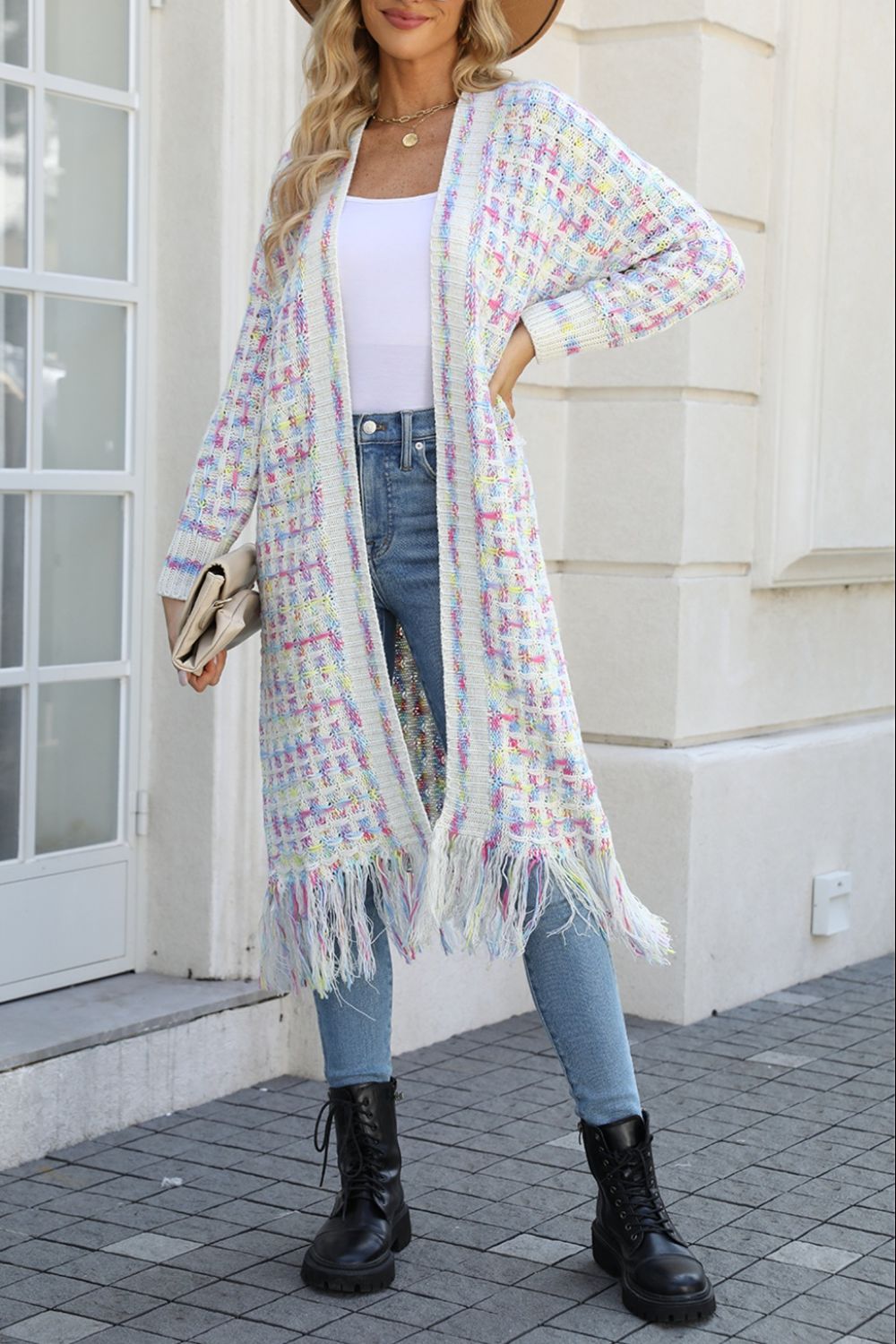 multicolored open front fringe hem cardigan