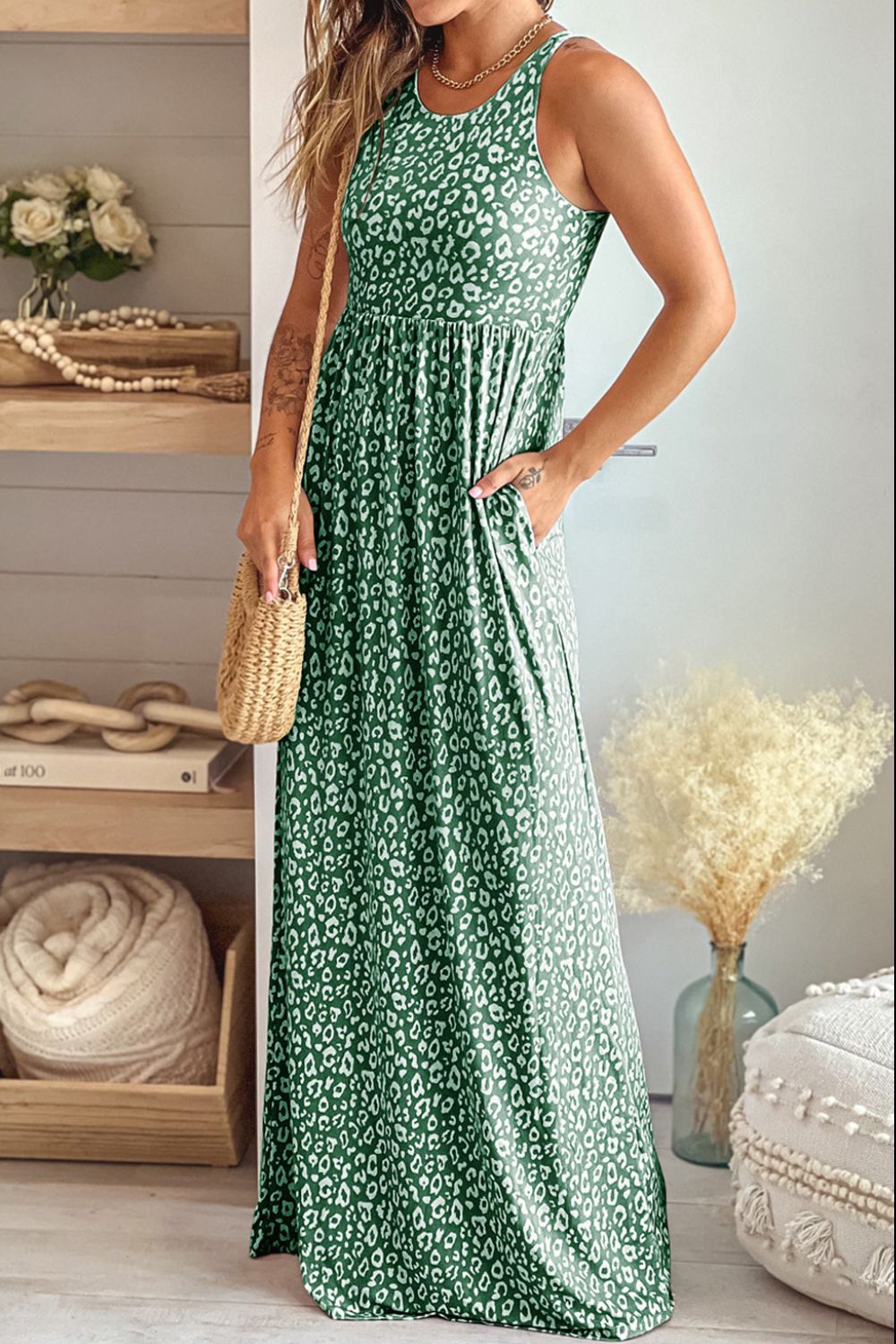 leopard round neck sleeveless maxi dress