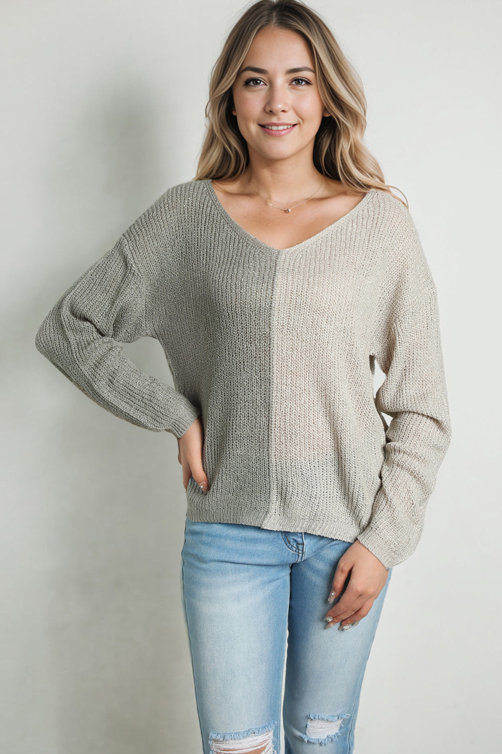contrast color v-neck long sleeve pullover sweater