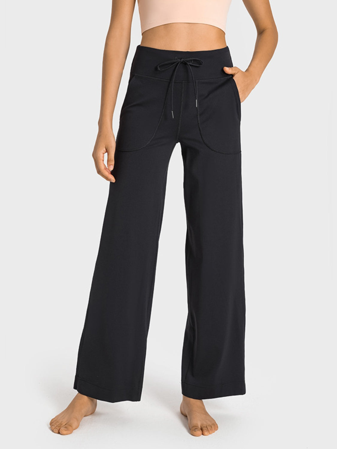 drawstring waist wide leg sports pants with pockets