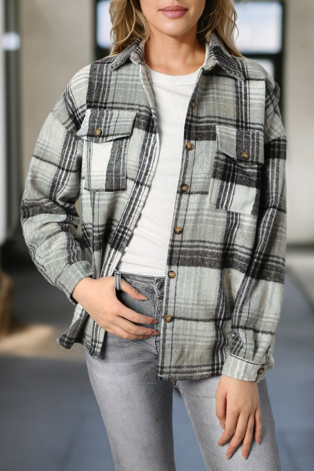 double take plaid dropped shoulder shacket