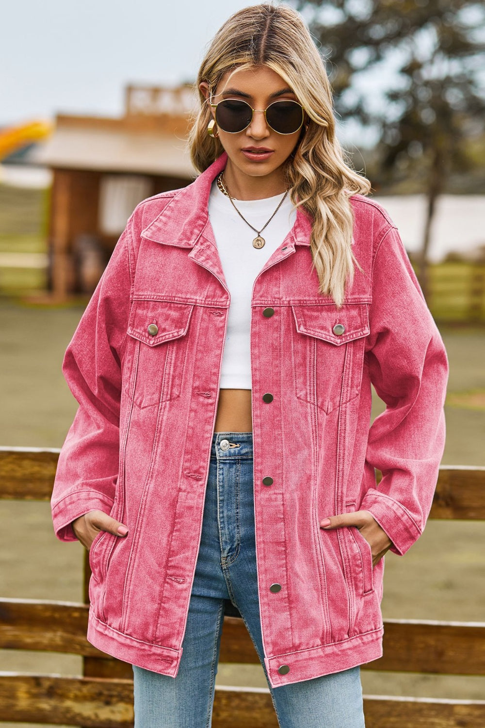 buttoned collared neck denim jacket with pockets