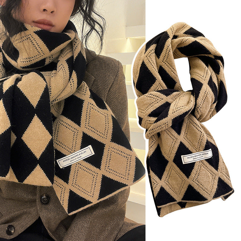 knitted wool small scarf women camel rhombus thickened warm