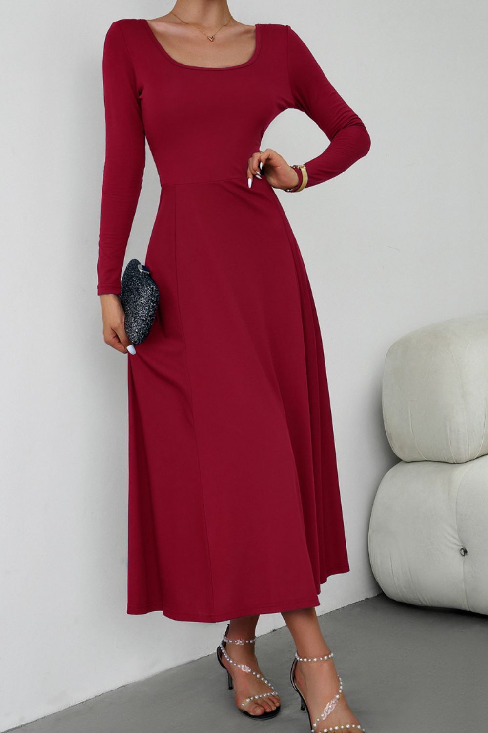 scoop neck long sleeve lace-up maxi dress