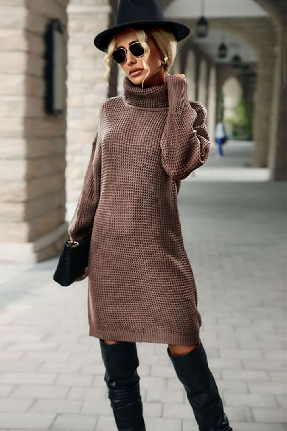 turtleneck dropped shoulder mini sweater dress