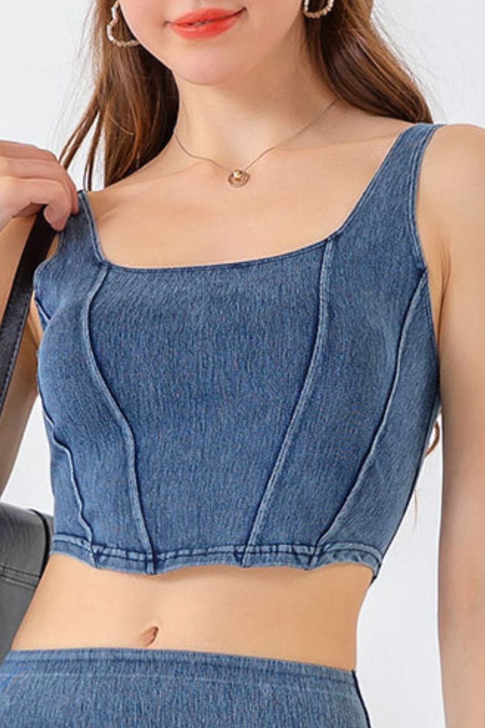 seam detail cropped denim tank