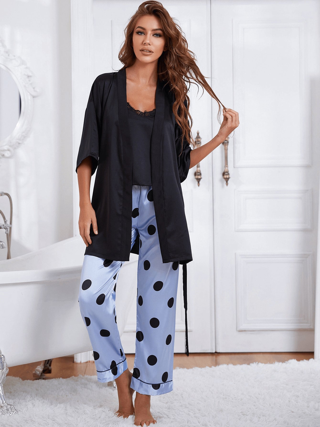 cami, robe, and printed pants pajama set