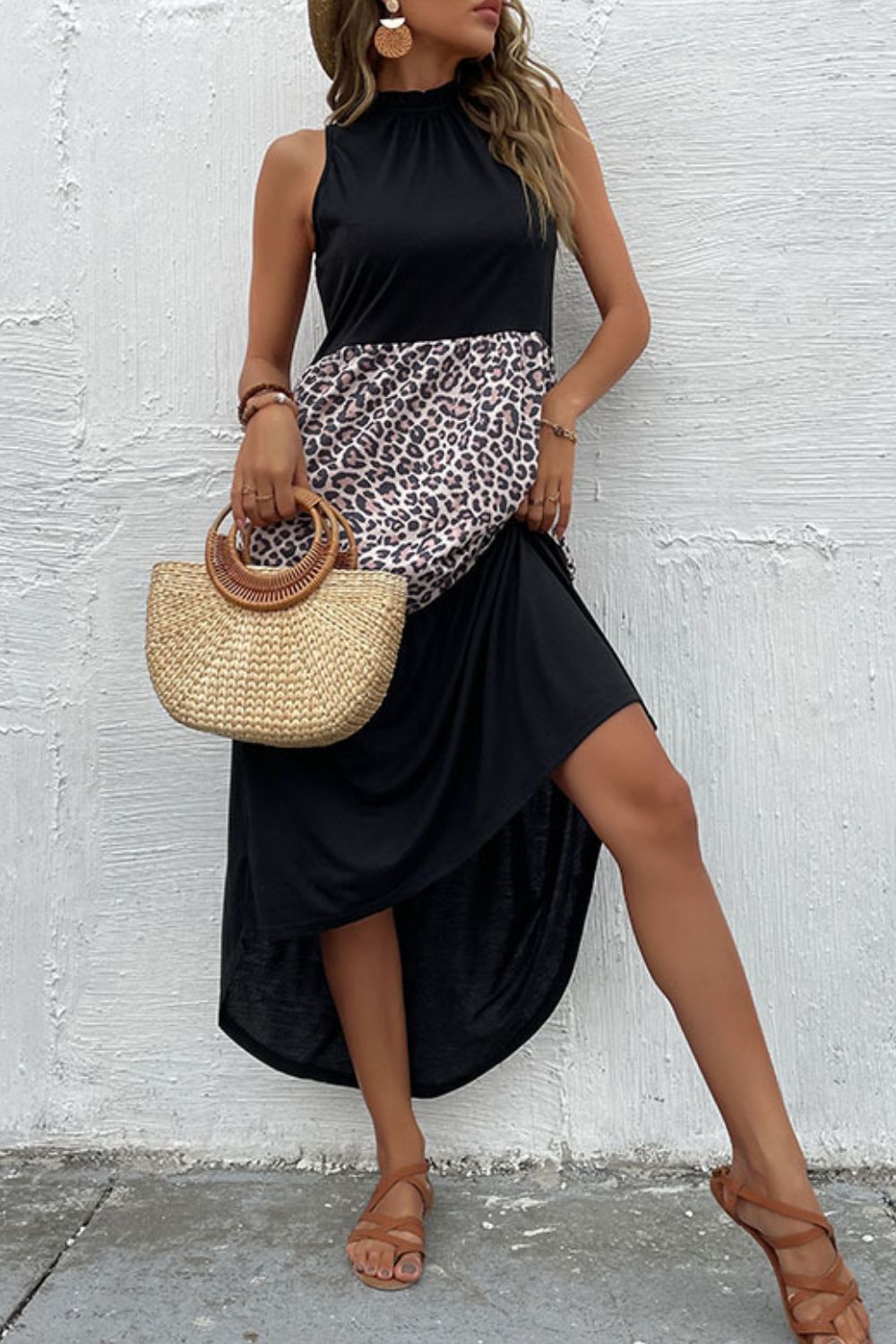 leopard contrast sleeveless maxi dress