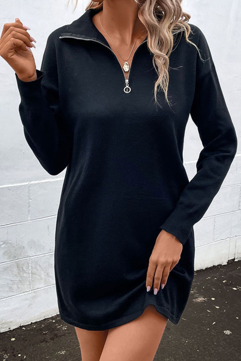 quarter-zip dropped shoulder knit dress