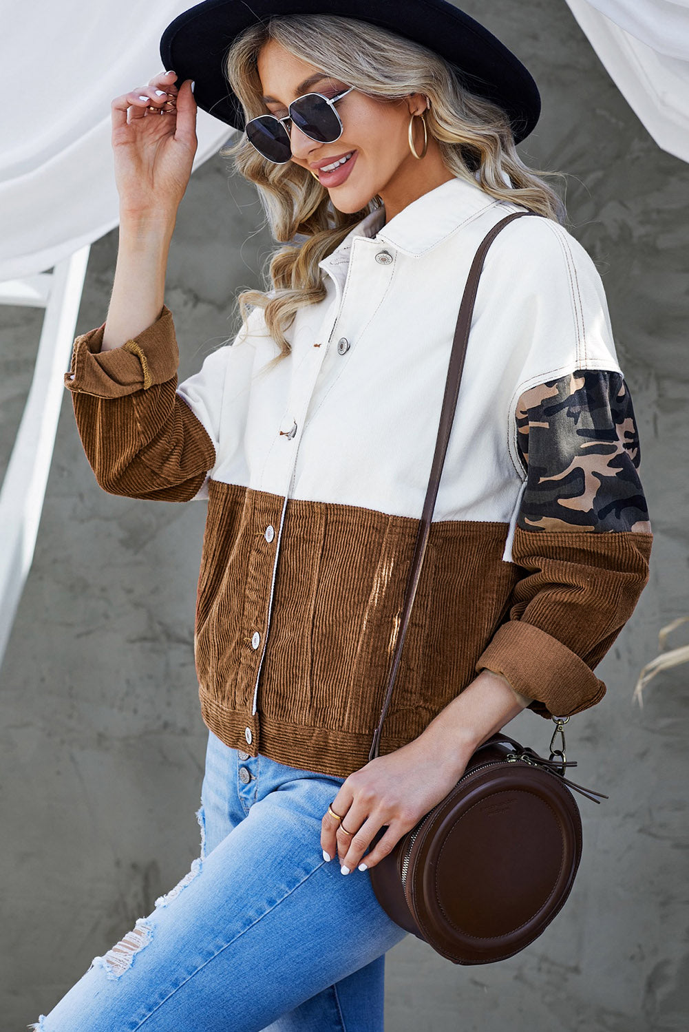 leopard color block button-up corduroy shacket