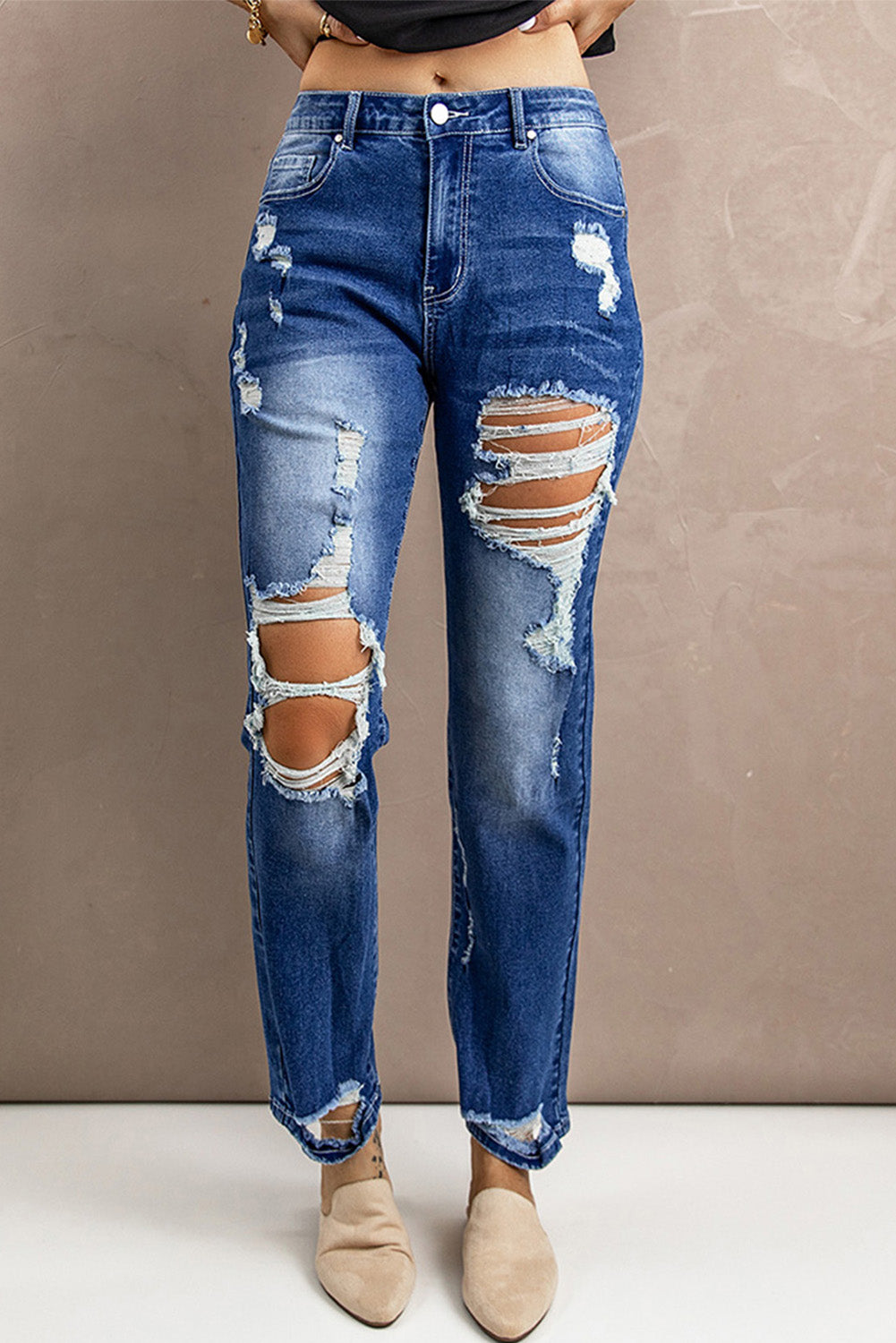 baeful distressed high-rise jeans with pockets