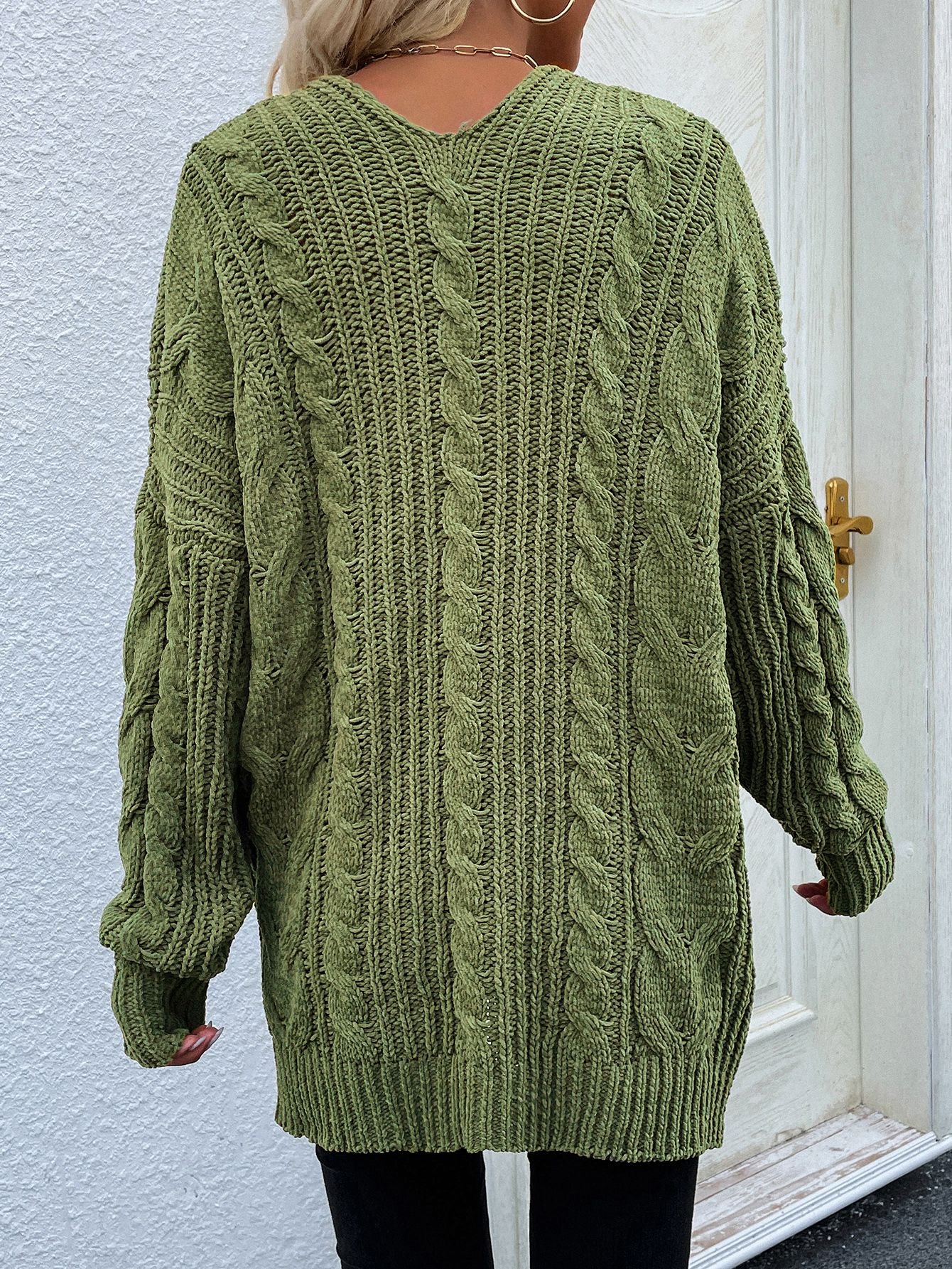 woven right cable-knit open front cardigan with front pockets