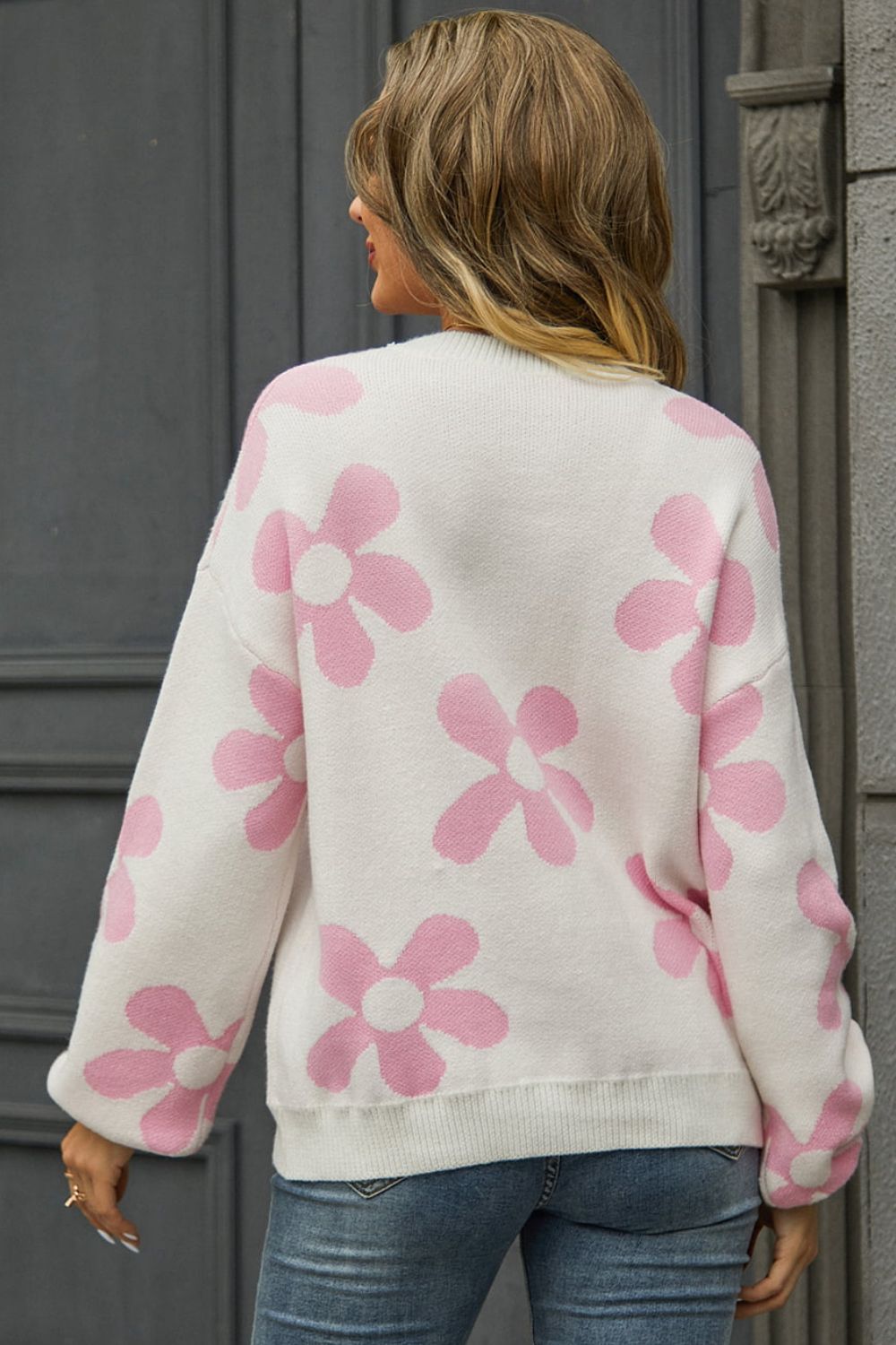 floral print round neck dropped shoulder pullover sweater