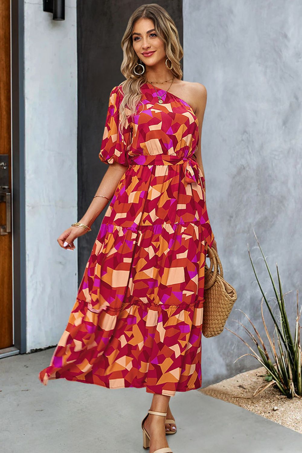 printed one-shoulder tie belt maxi dress