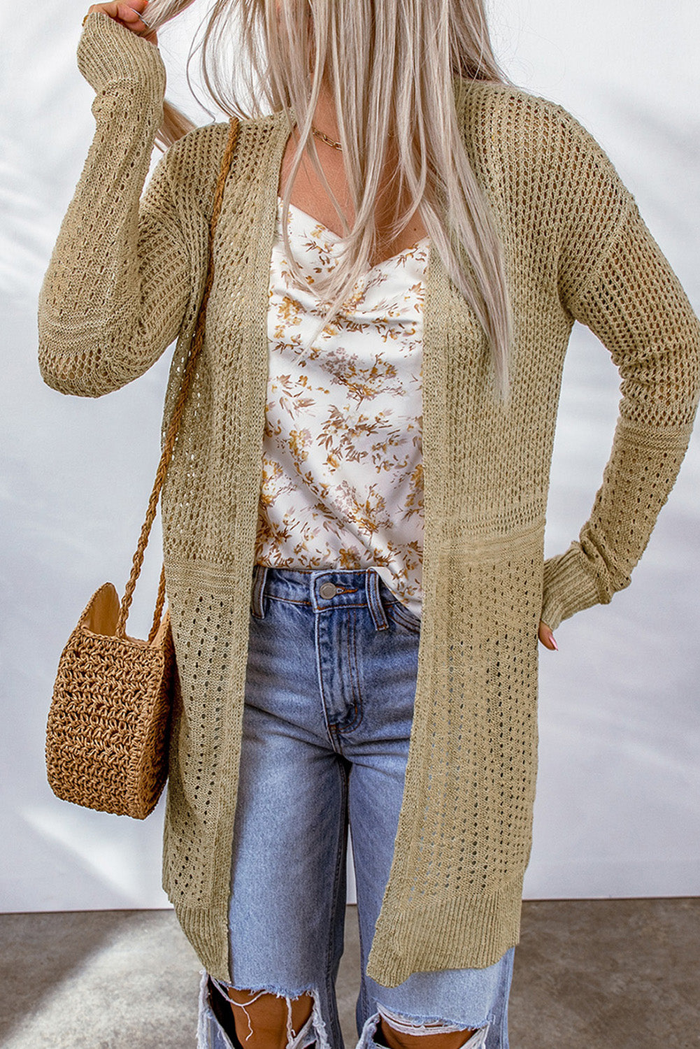 double take openwork dropped shoulder open front cardigan