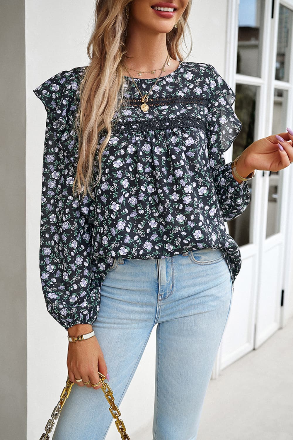 printed round neck long sleeve blouse