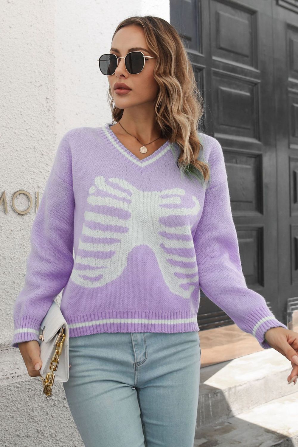 skeleton pattern v-neck long sleeve pullover sweater