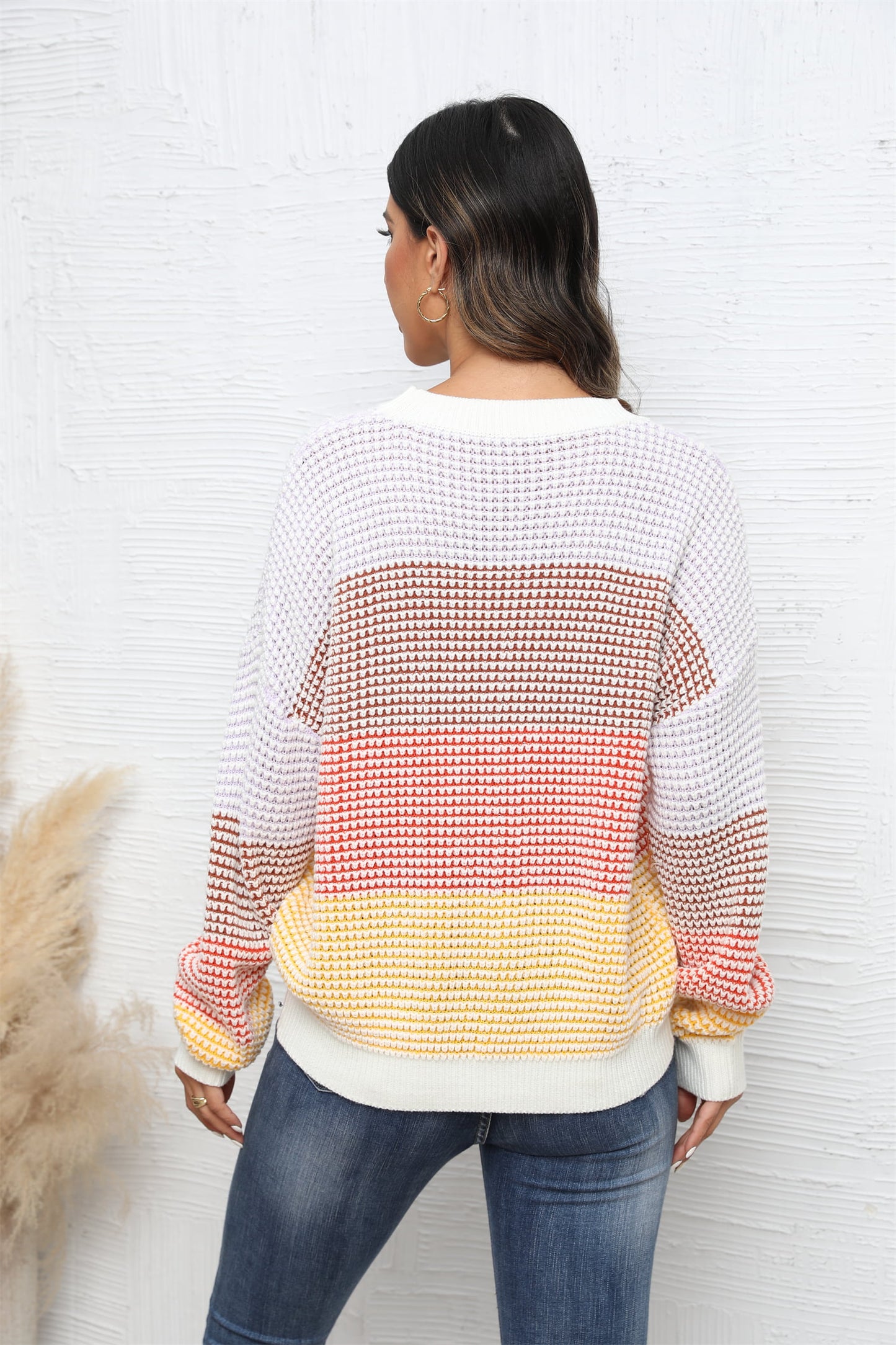 waffle-knit round neck dropped shoulder color block sweater