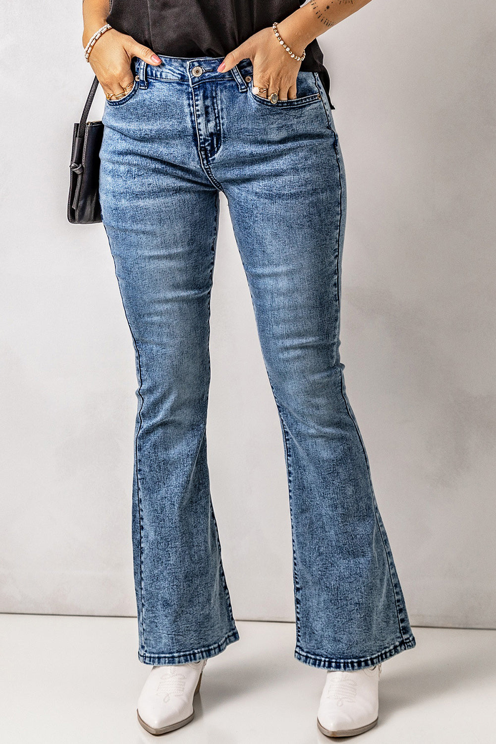 baeful vintage wash flare jeans with pockets