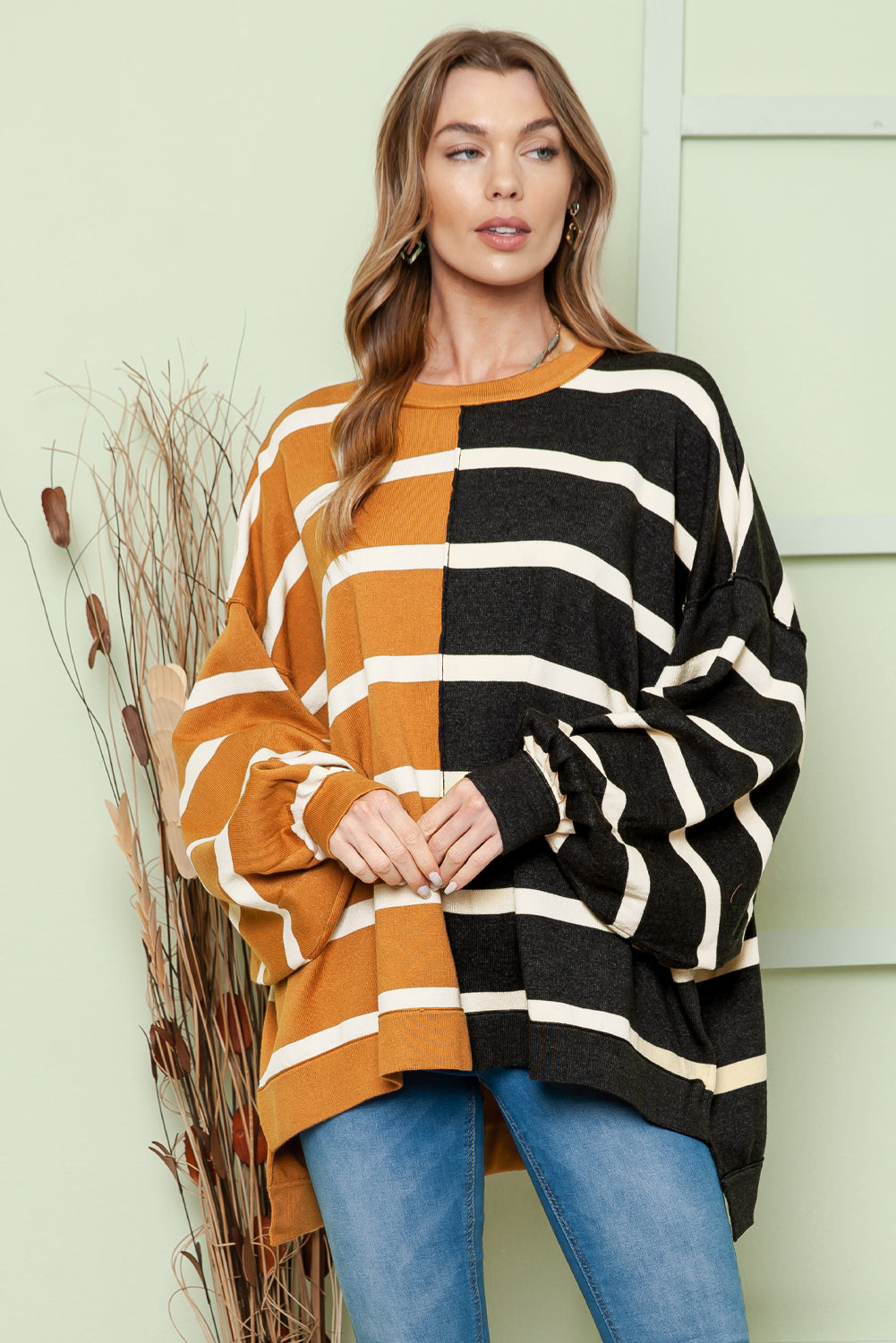 striped dropped shoulder round neck blouse