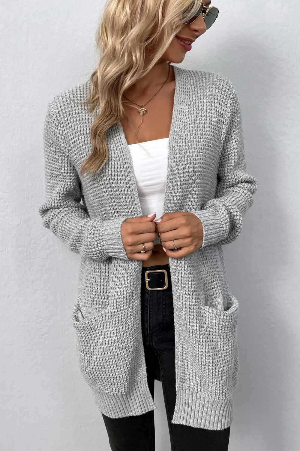 rib-knit open front pocketed cardigan