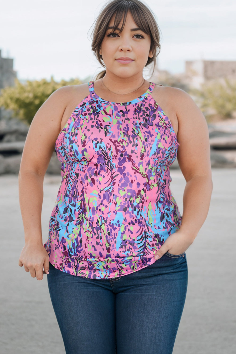 plus size printed round neck sleeveless tank top