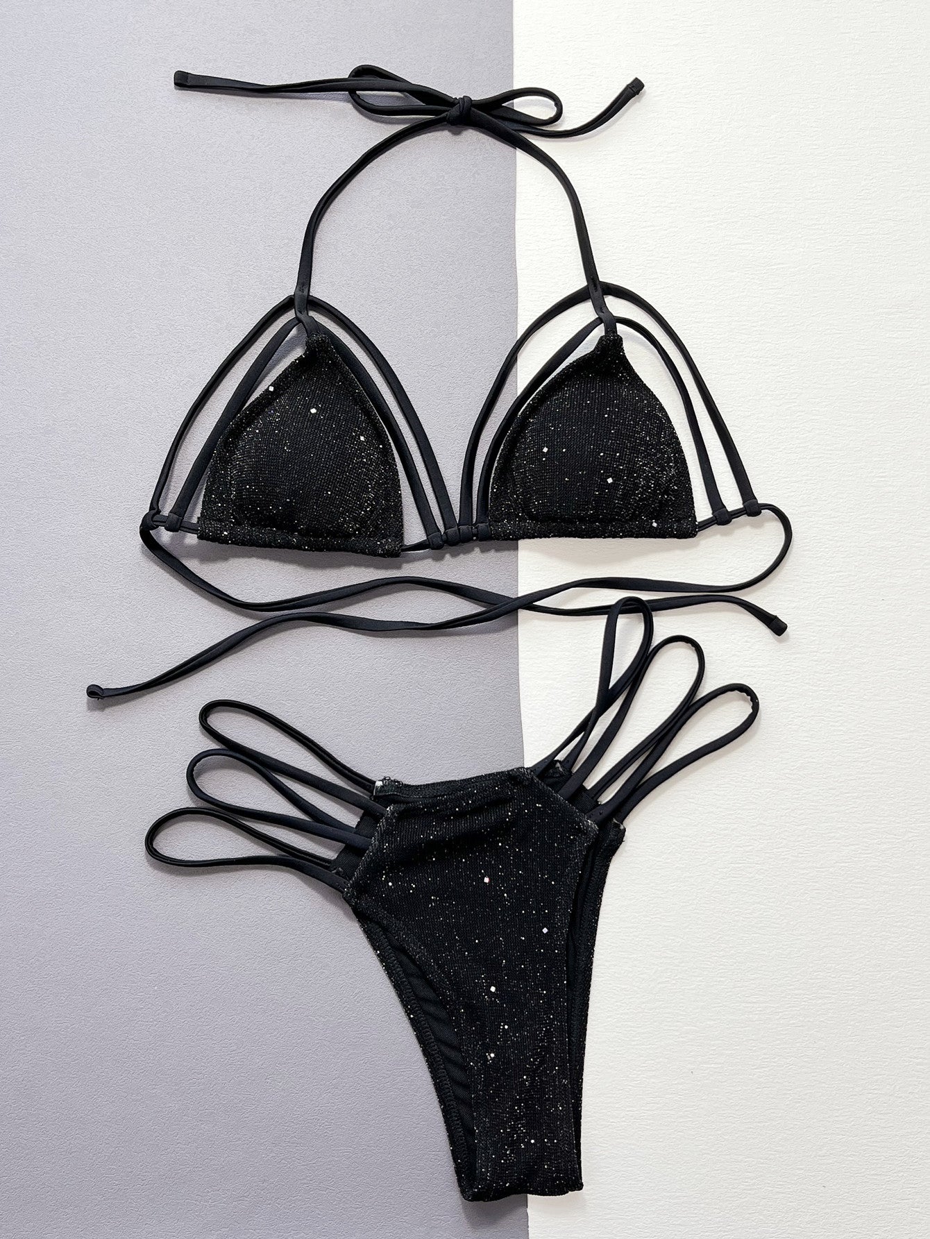 glitter halter neck strappy two-piece bikini set