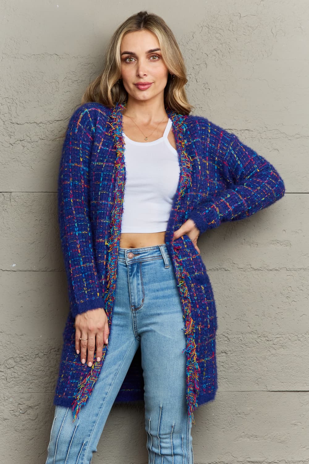 plaid fringe trim open front longline cardigan