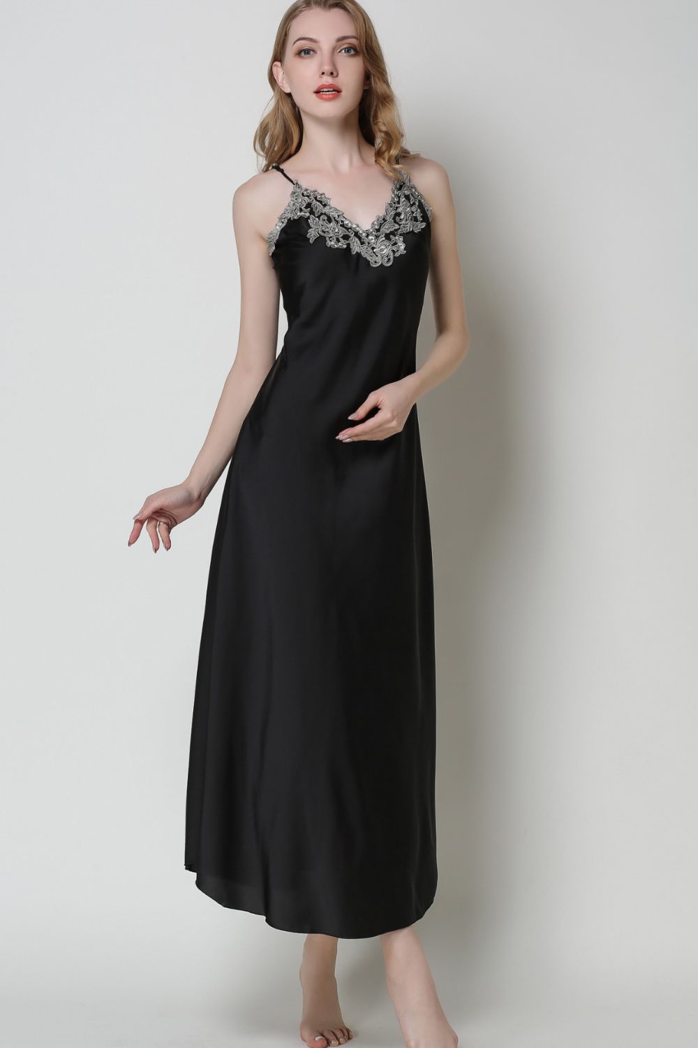 full size lace trim v-neck spaghetti strap satin night dress