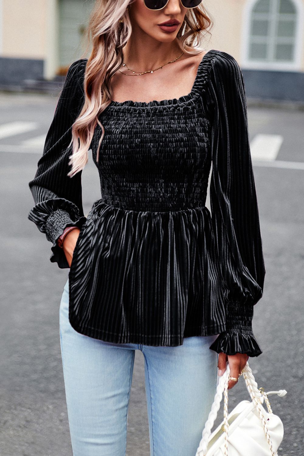 smocked square neck long sleeve blouse