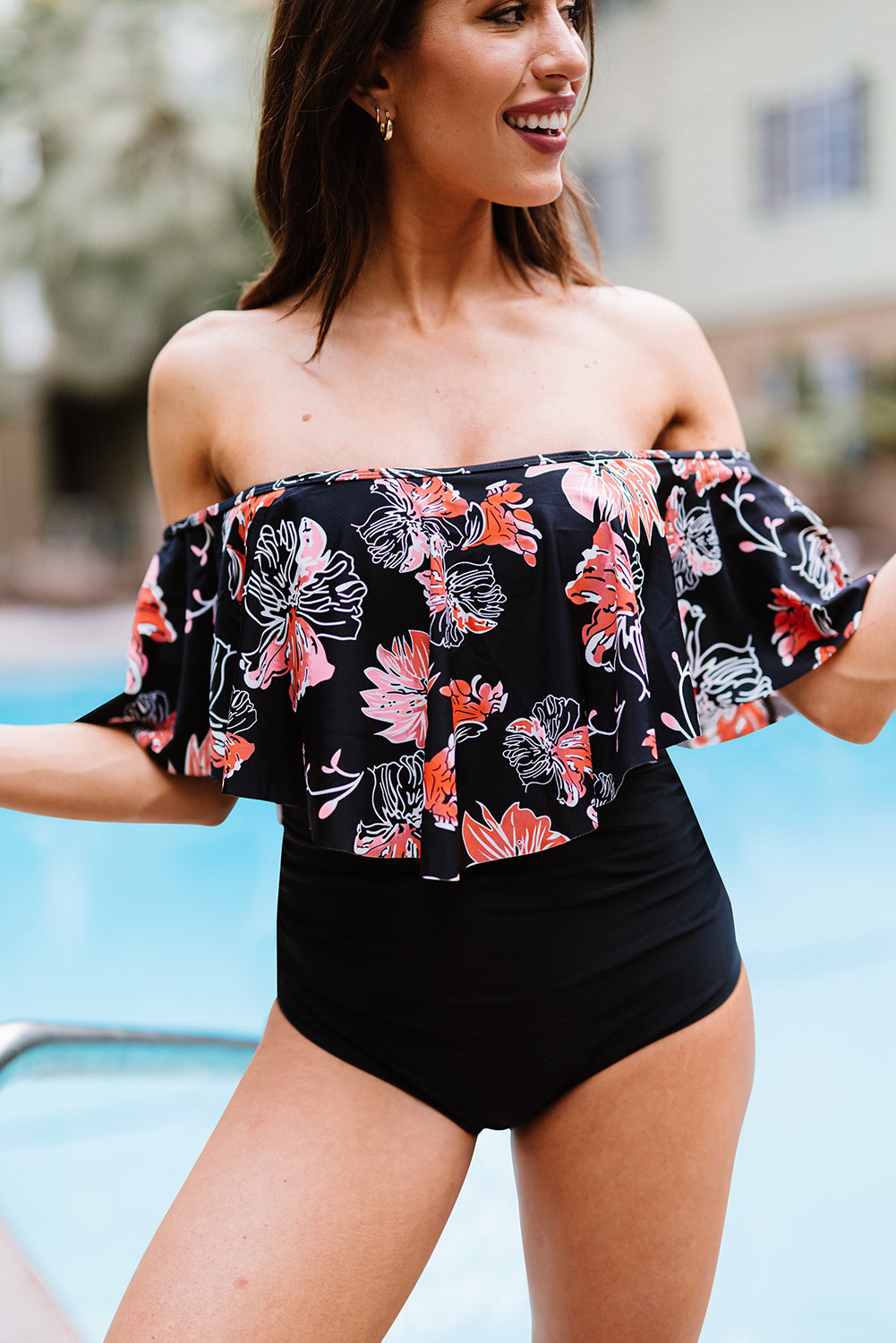 two-tone off-shoulder one-piece swimsuit